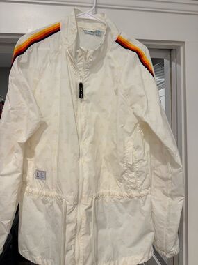 Aldi Size L Vintage-Inspired Cream Track Jacket with Rainbow Shoulder Stripes